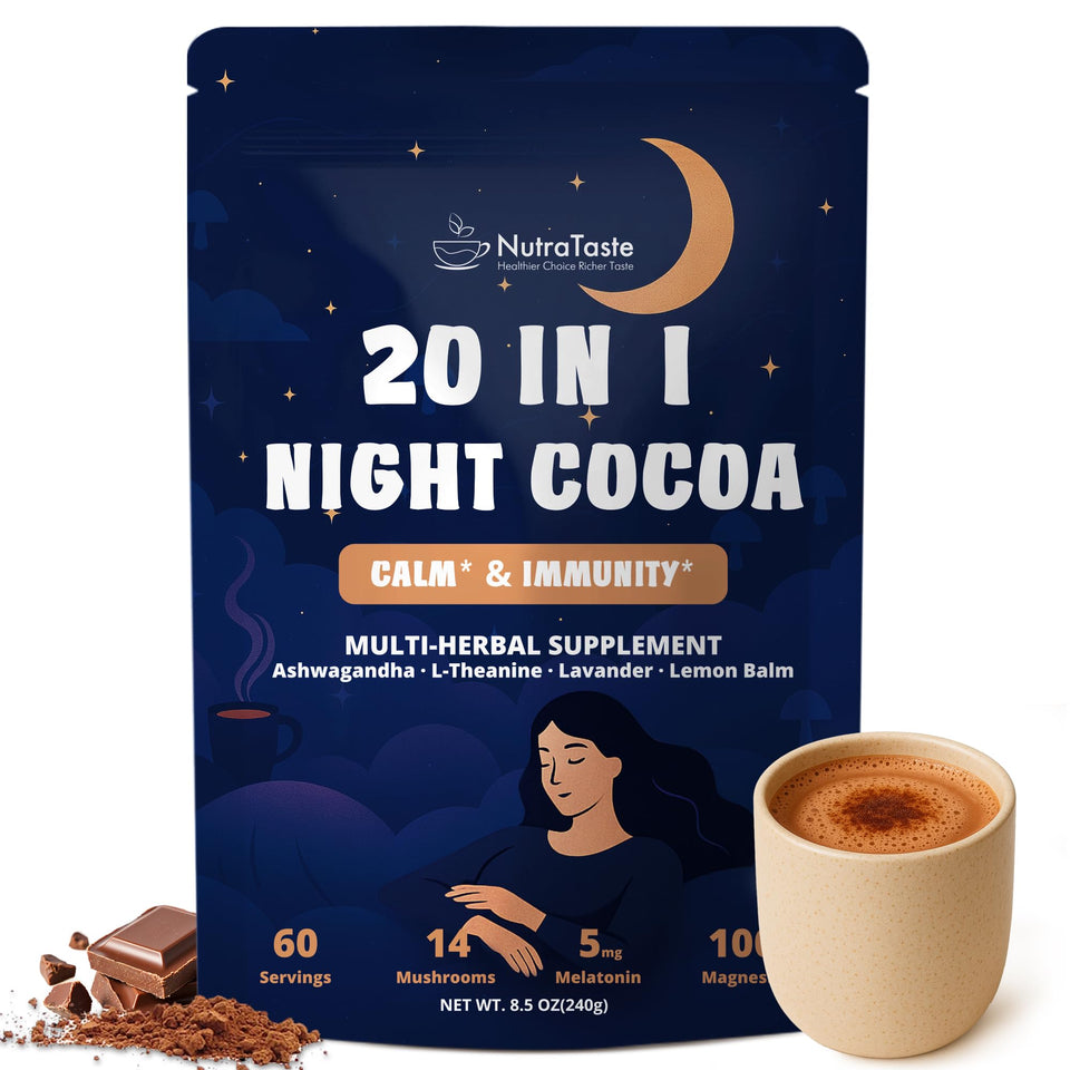 NutraTaste Mushroom Hot Cocoa 60 servings pouch for a comforting nightly ritual.