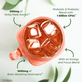 Nutratology Yerba Mate Instant Tea Peach Pomelo ingredients panel highlights fiber and probiotics.