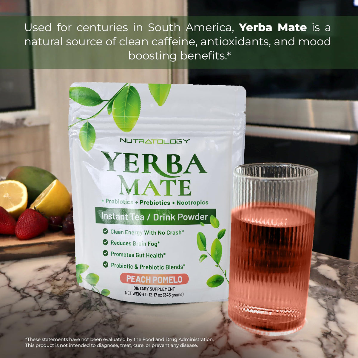 Nutratology Yerba Mate Instant Tea Peach Pomelo label close-up emphasizes safety.