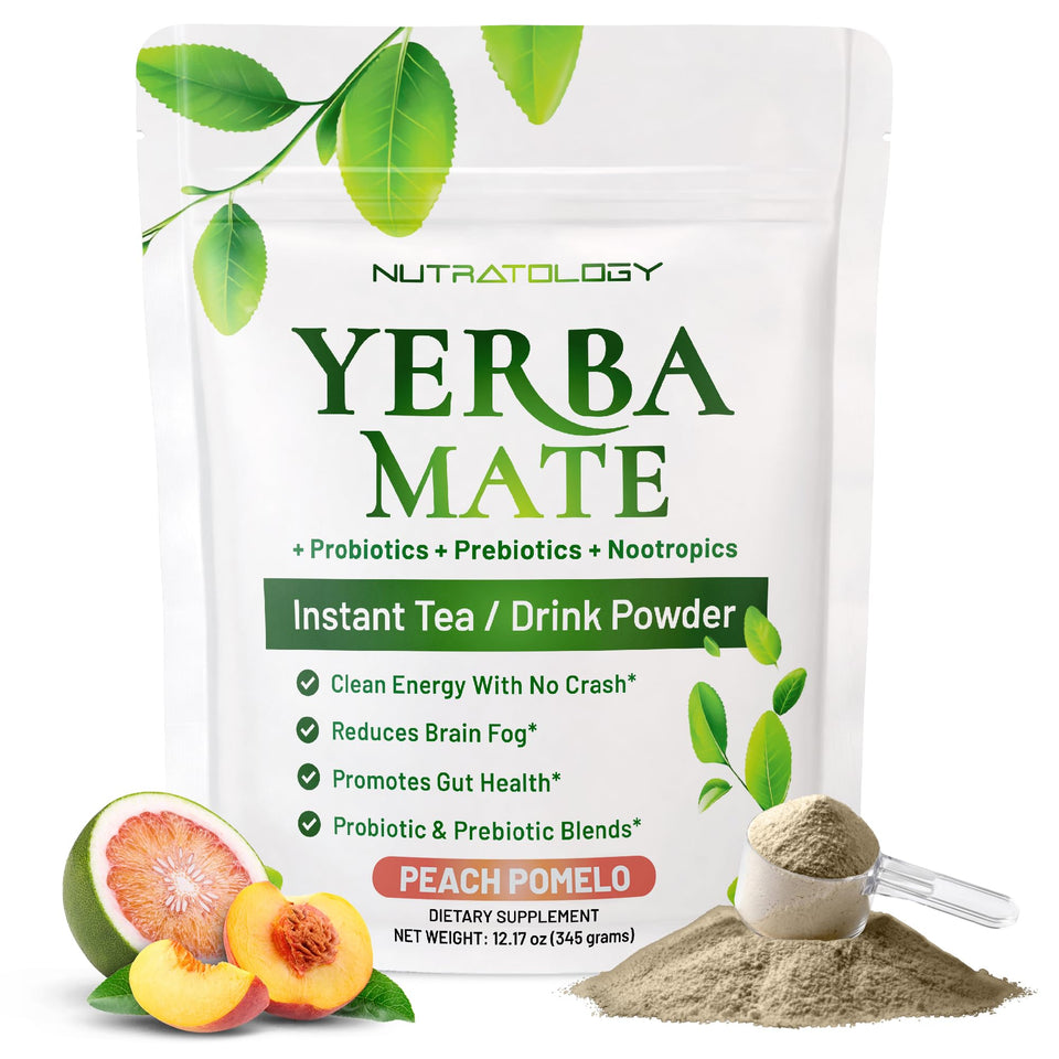 Nutratology Yerba Mate Instant Tea Peach Pomelo pack for on-the-go energy.