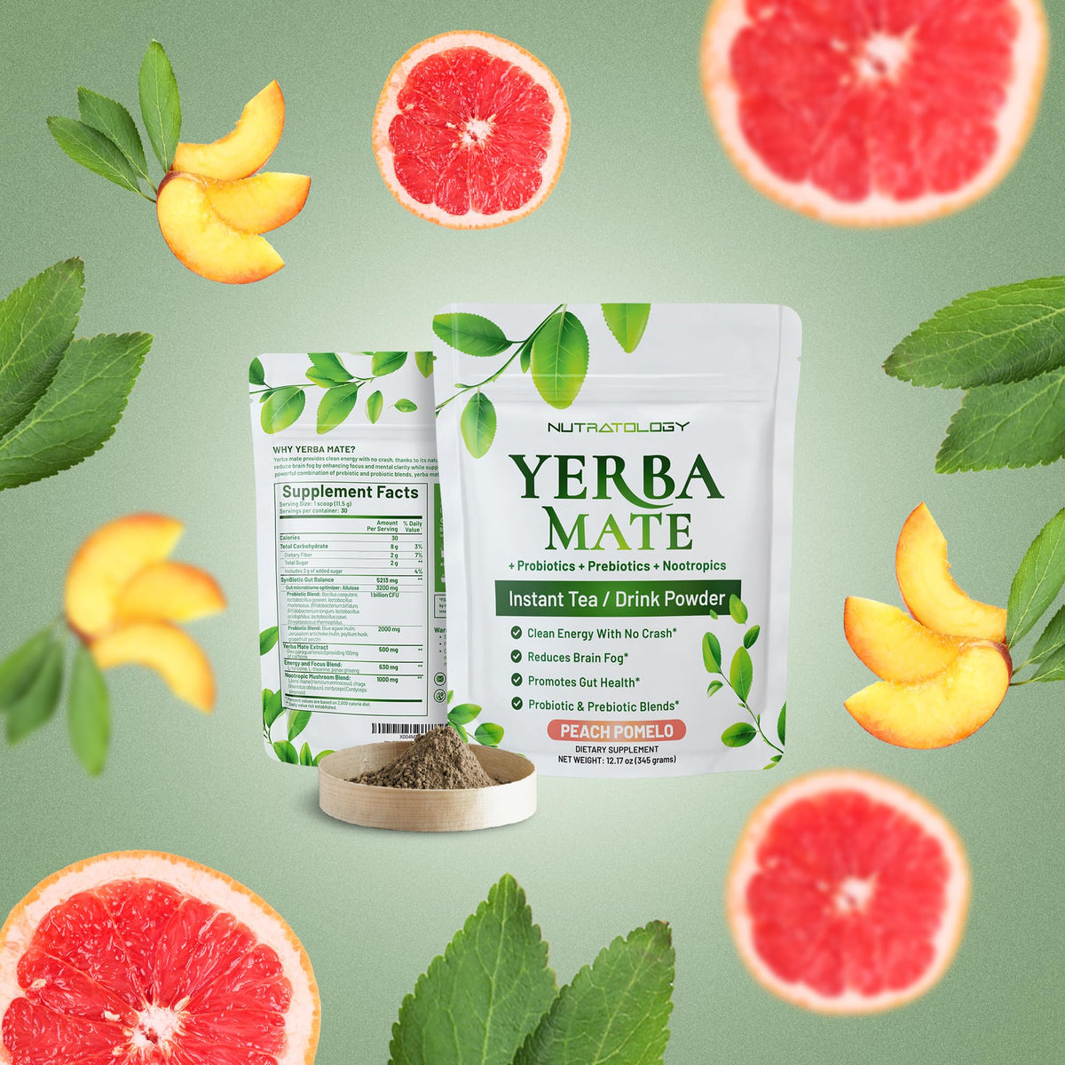 Nutratology Yerba Mate Instant Tea Peach Pomelo USA-manufacturing label.