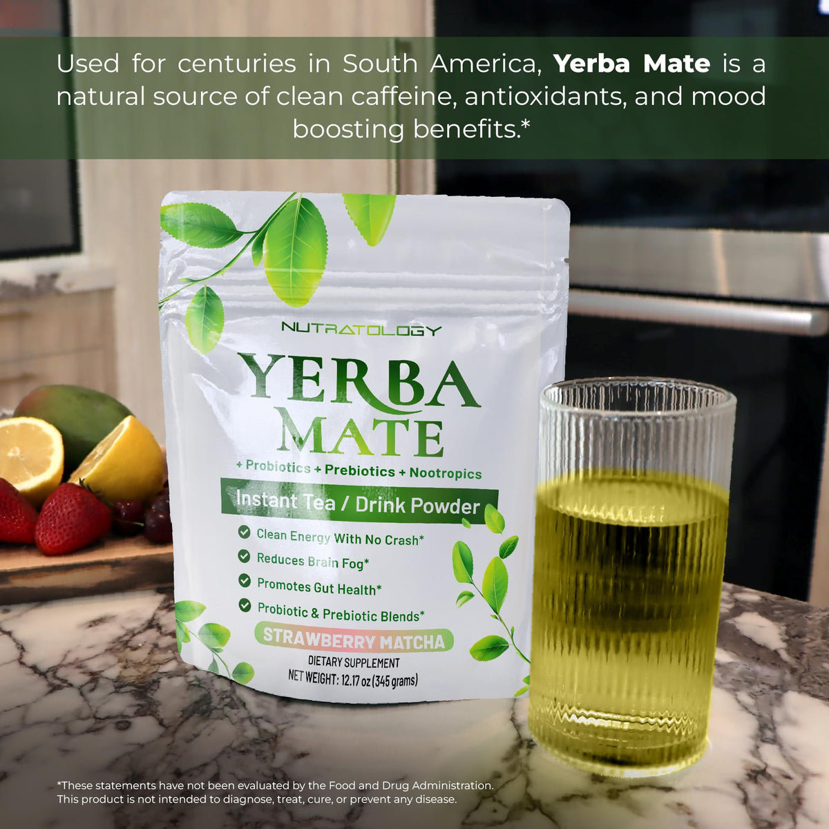 Nutratology Yerba Mate Instant Tea Powder Lion’s Mane closeup highlighting cognitive ingredients