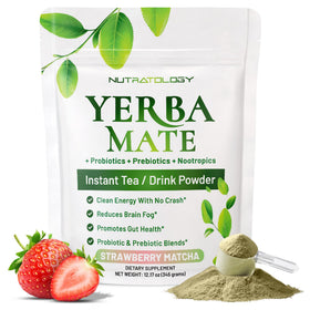 Nutratology Yerba Mate Instant Tea Powder Strawberry Matcha tub showing packaging and flavor
