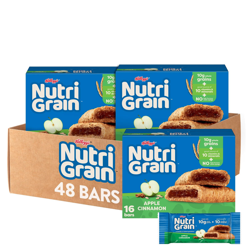 Nutri-Grain Apple Cinnamon bars in a three-box pack, ideal for quick breakfasts.