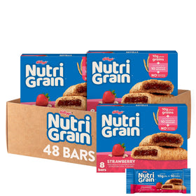 Nutri-Grain Soft Baked Bars packaging with strawberry flavor, ideal for on-the-go mornings.