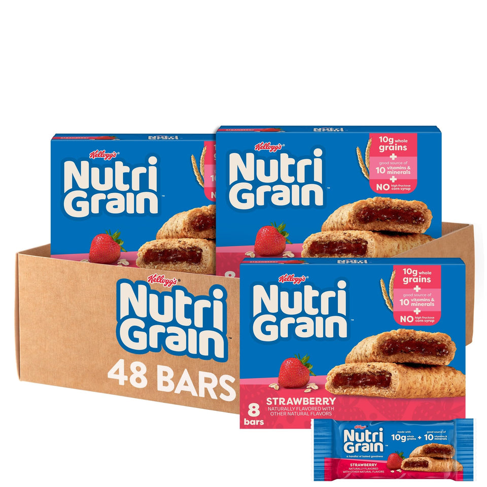 Nutri-Grain Soft Baked Bars packaging with strawberry flavor, ideal for on-the-go mornings.
