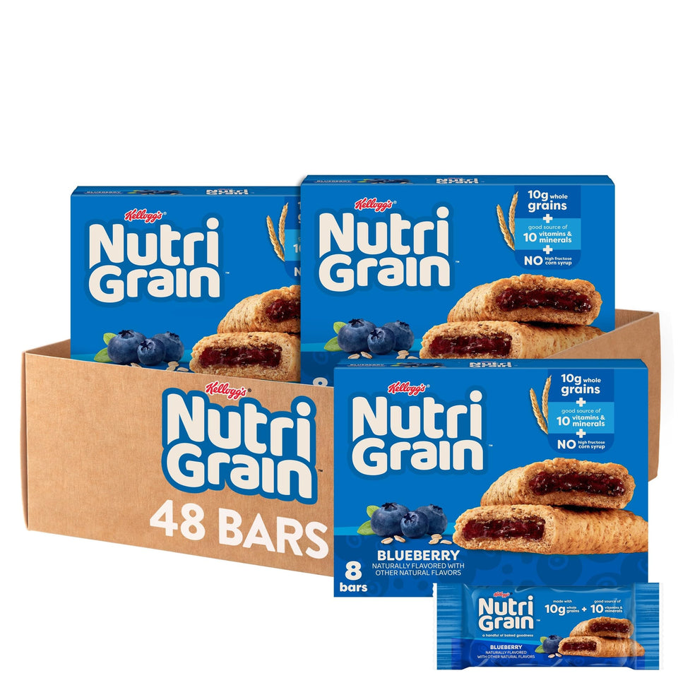 Nutri-Grain Soft Baked Blueberry Bars packaging for on-the-go breakfasts.