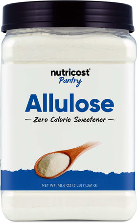 Nutricost Allulose bottle label highlighting zero calories and keto friendly formula.