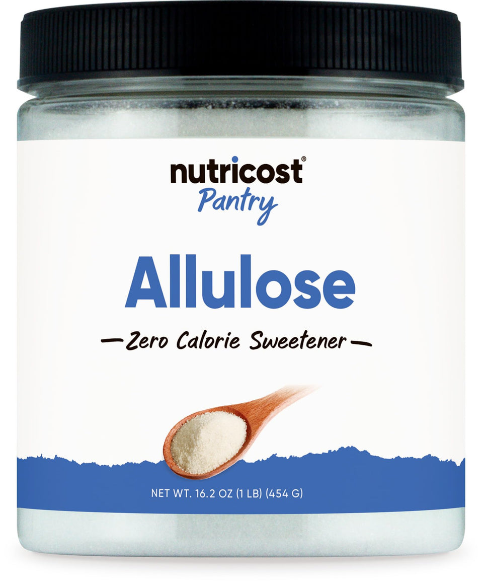 Nutricost Allulose Sweetener bottle provides zero calories for beverages and desserts.
