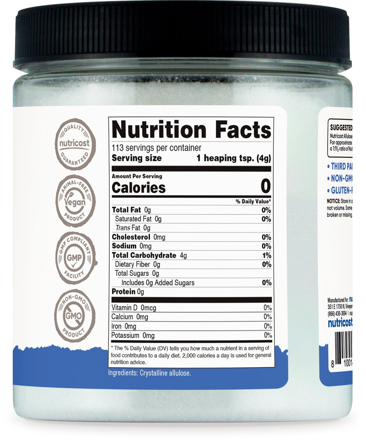 Nutricost Allulose label emphasizes 0 calories and keto-friendly profile.