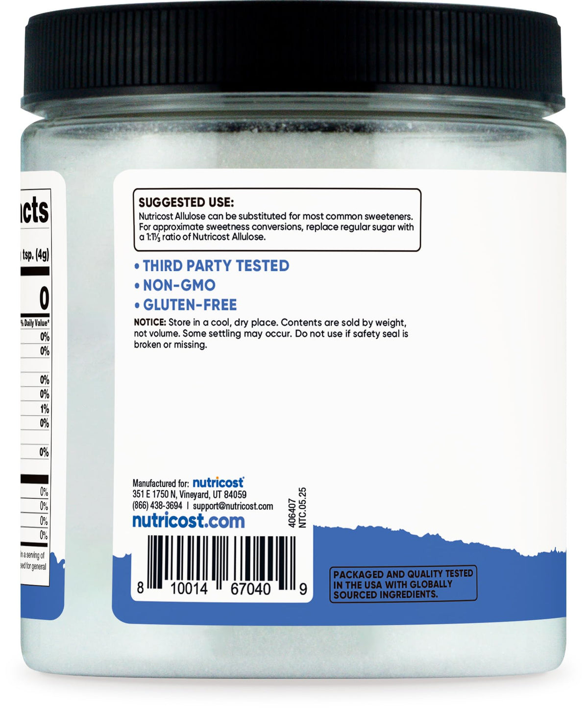 Nutricost Allulose packaging highlights gluten-free and non-GMO ingredients.
