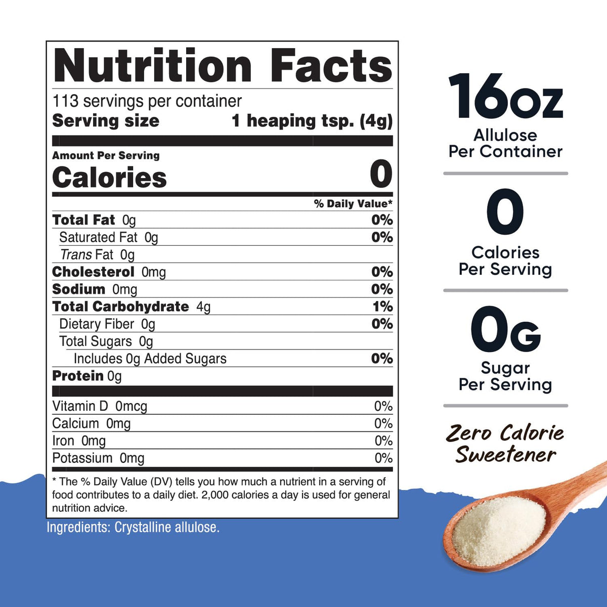 Nutricost Allulose Sweetener scoop shows 1:1.3 sugar replacement ratio for baking.