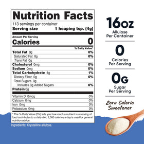 Nutricost Allulose Sweetener scoop shows 1:1.3 sugar replacement ratio for baking.