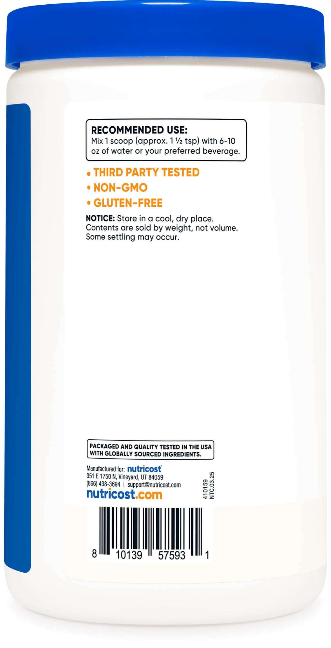 Nutricost Apple Pectin Powder label showing GMO-free and gluten-free certifications