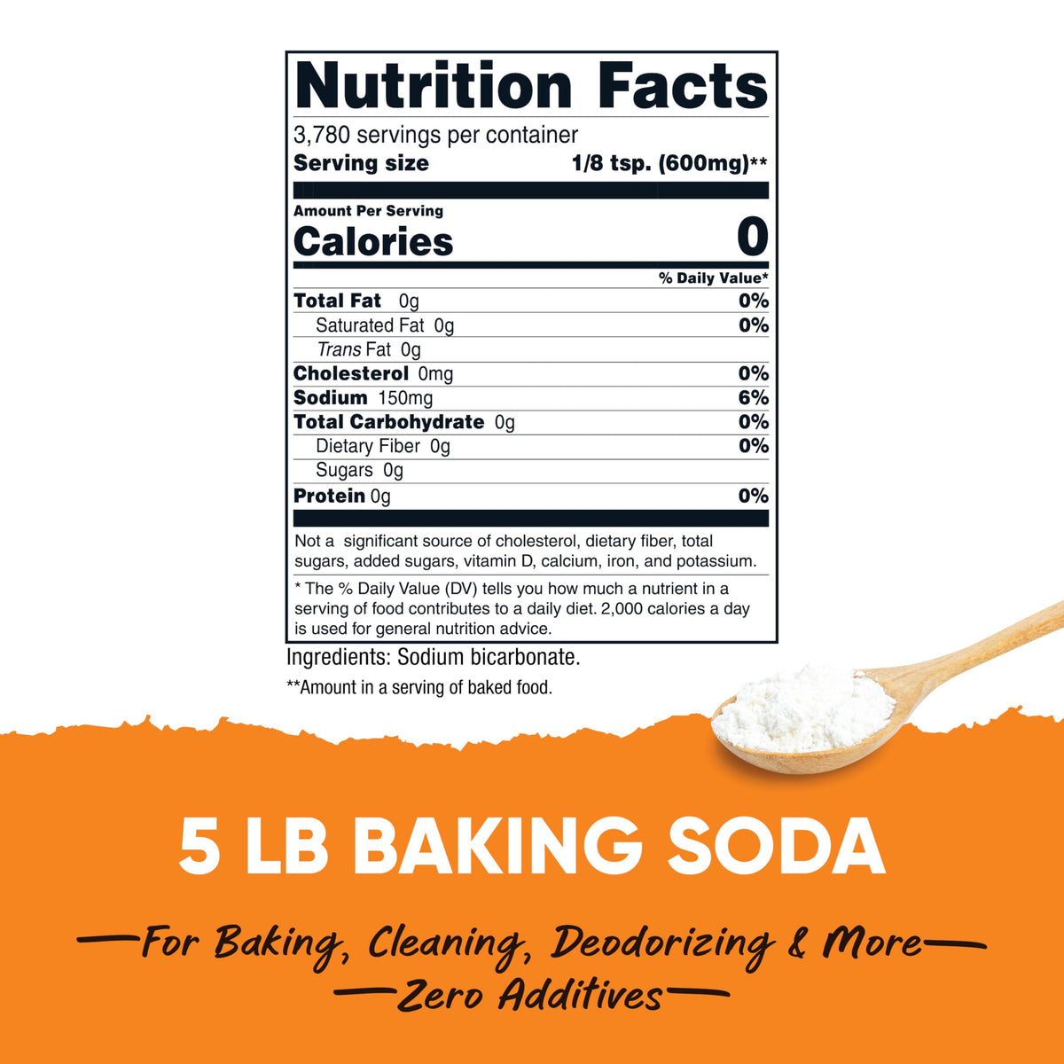 Nutricost Baking Soda bottle back; highlights GMO-free and gluten-free quality