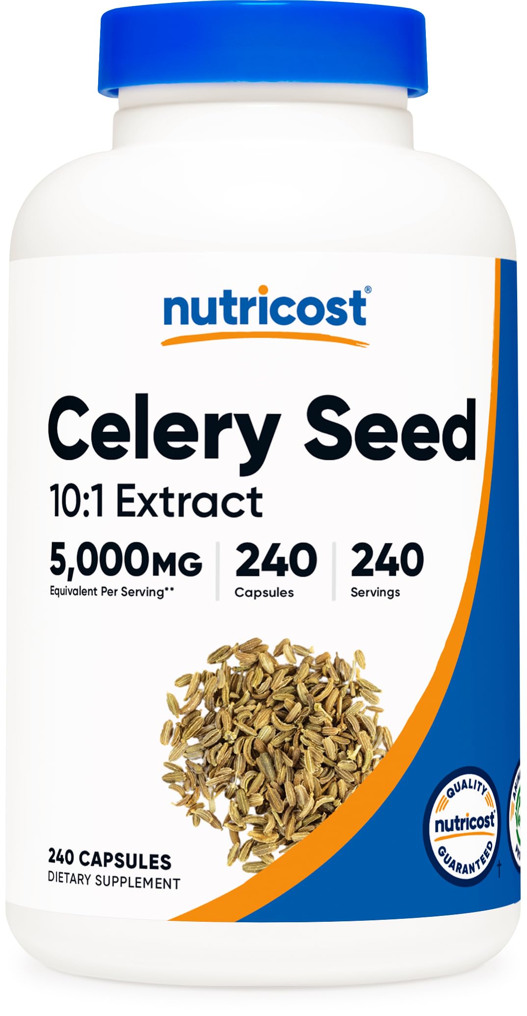 Nutricost celery seed extract bottle showing 500 mg per serving for daily wellness.