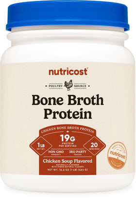 Nutricost Chicken Bone Broth Protein Powder bottle with scoop showcases rich chicken soup flavor for meals.