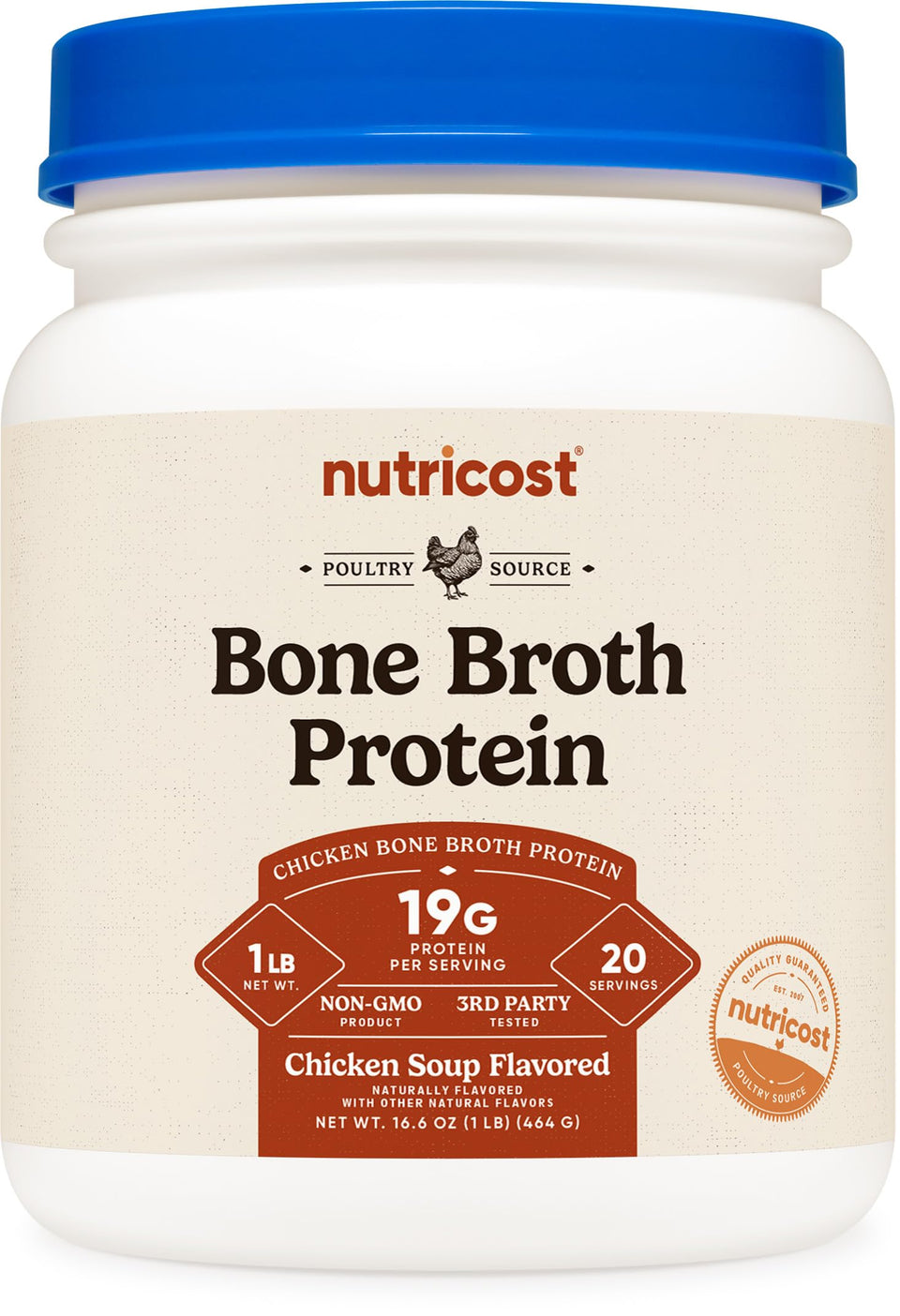 Nutricost Chicken Bone Broth Protein Powder bottle with scoop showcases rich chicken soup flavor for meals.