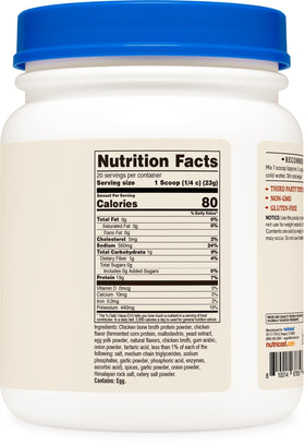 Nutricost Chicken Bone Broth Protein Powder container in pantry offers convenient nutrition.