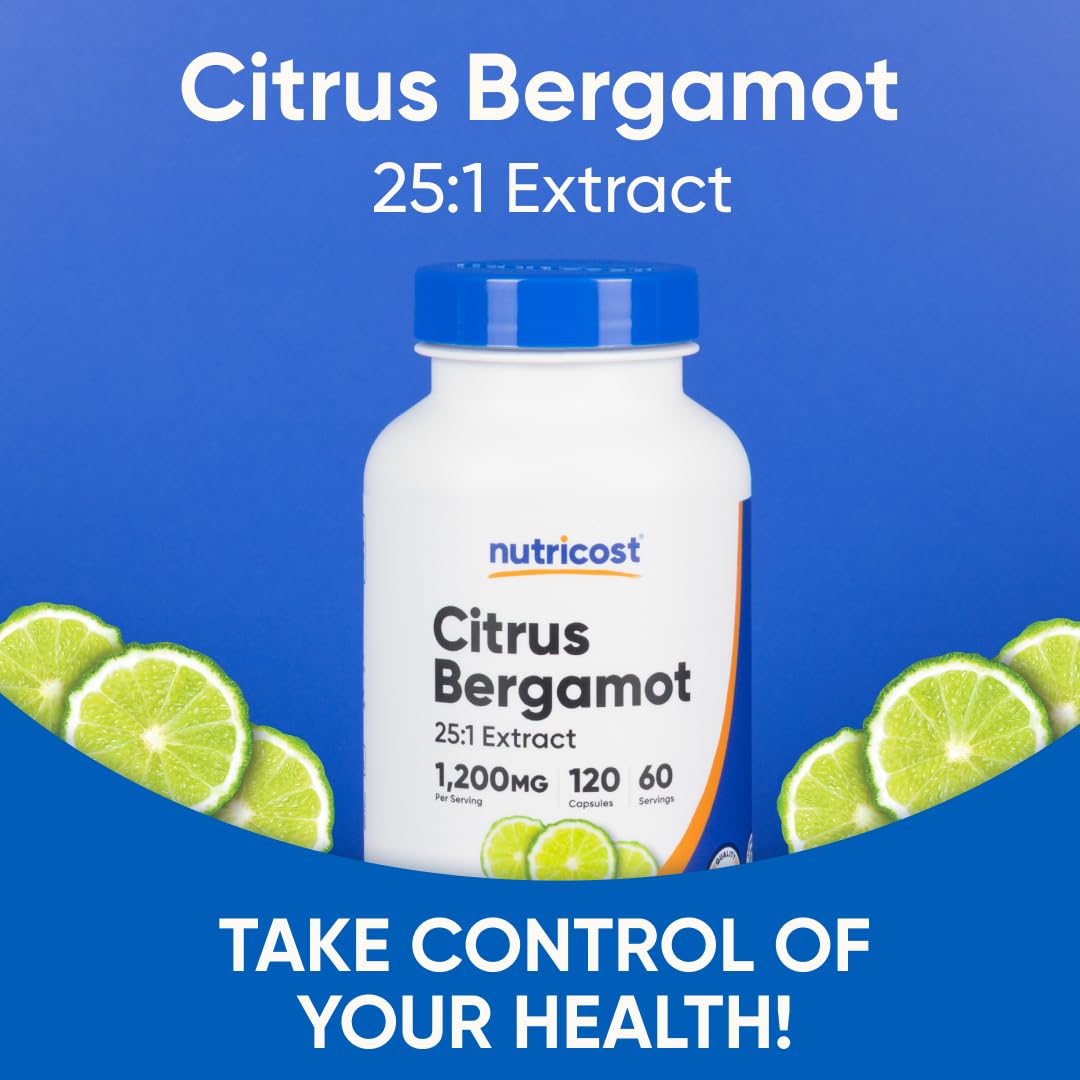 Glass bottle display of Nutricost Citrus Bergamot Capsules.