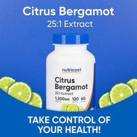 Glass bottle display of Nutricost Citrus Bergamot Capsules.