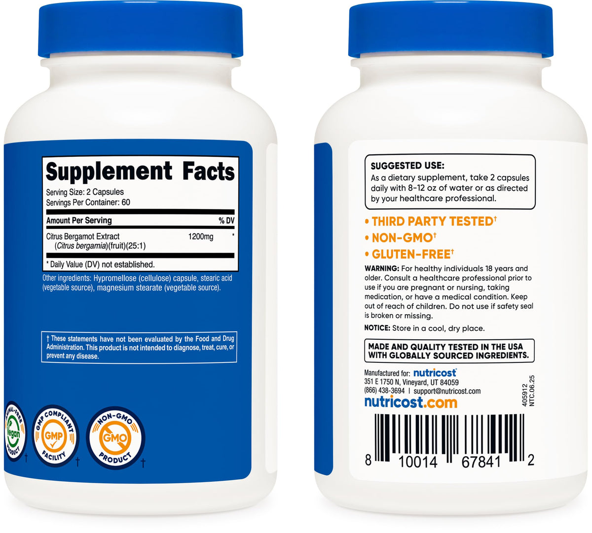 Nutricost Citrus Bergamot Capsules serving size shows 1,200 mg per capsule.