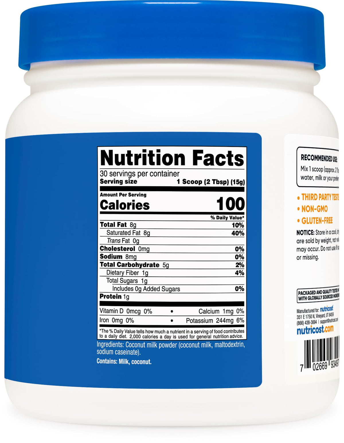 Nutricost Coconut Milk Powder label confirms Non-GMO and Gluten Free attributes