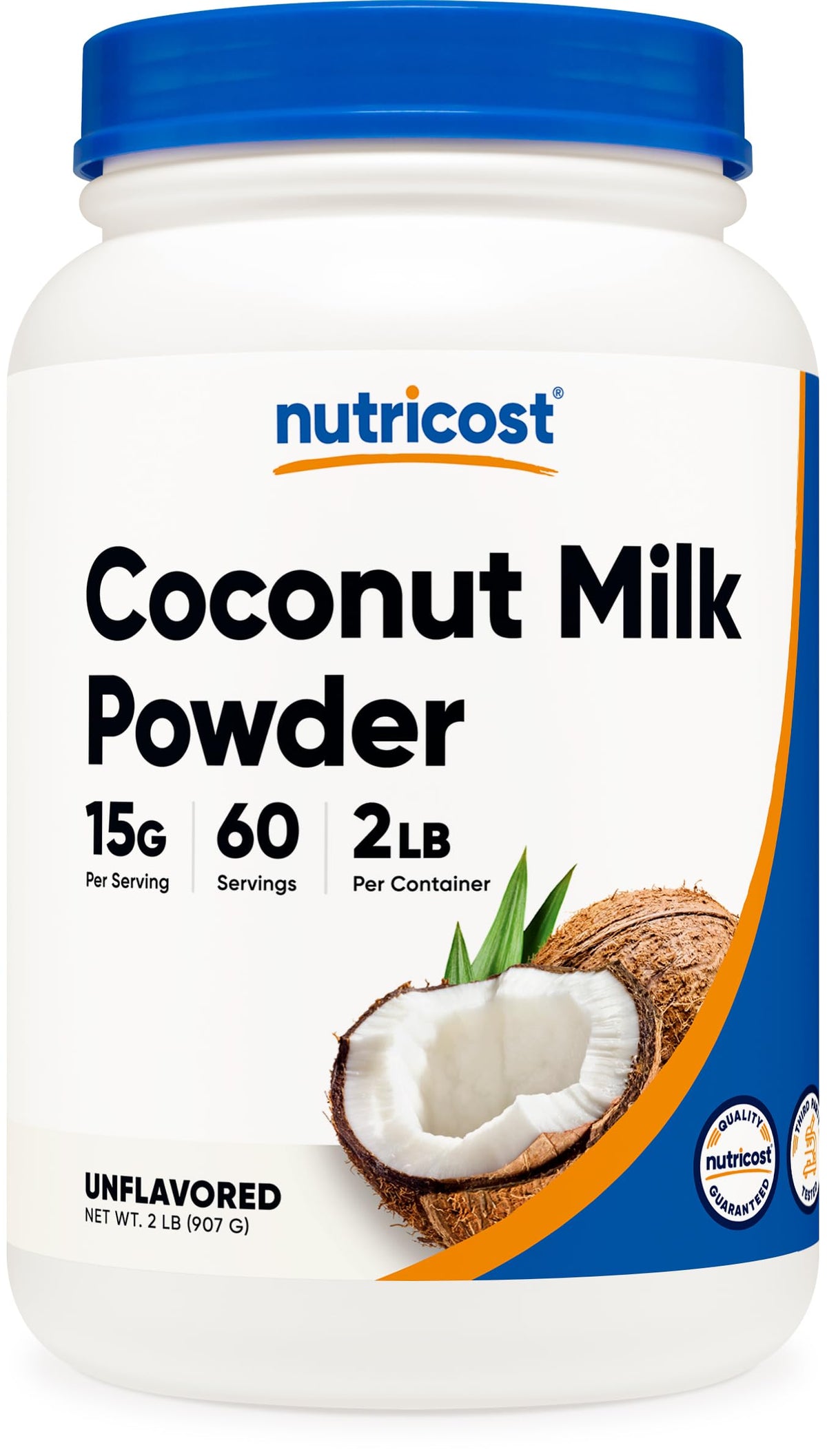 Nutricost Coconut Milk Powder packaging shows versatile use in beverages and cooking.