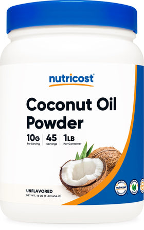Nutricost Coconut Oil Powder bottle on kitchen counter for keto meals.