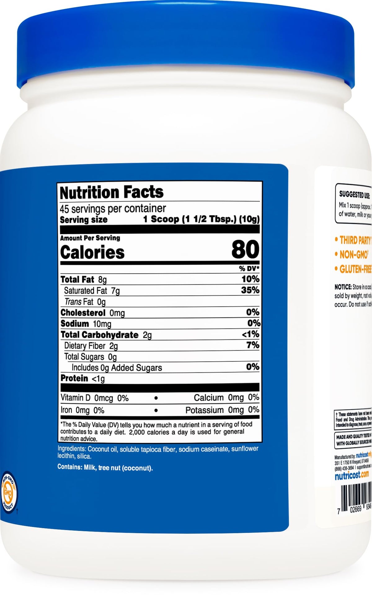 Nutricost Coconut Oil Powder measuring scoop showing easy portion control.