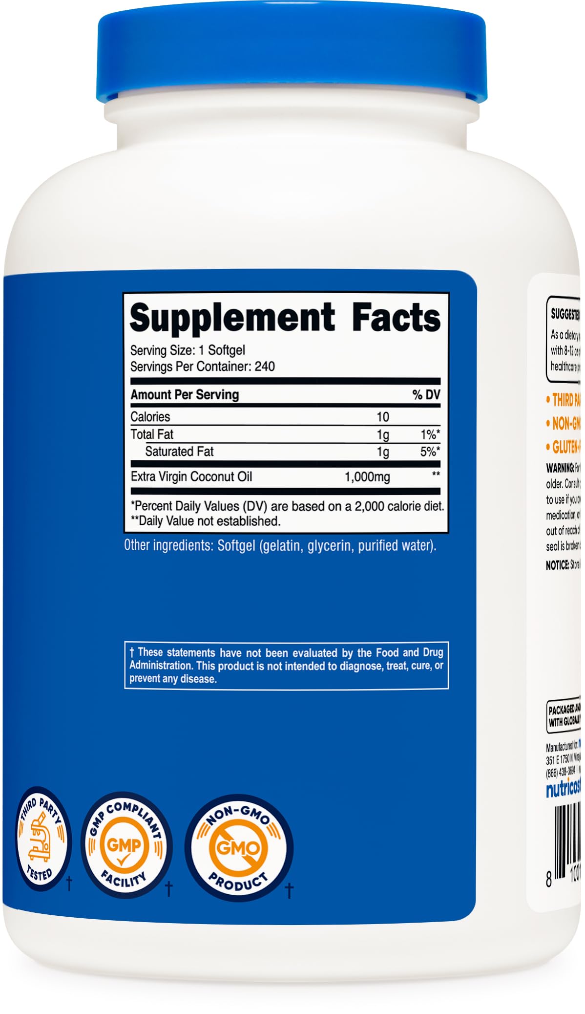Nutricost Coconut Oil Softgels gluten-free non-gmo badge closeup communicates purity and safety