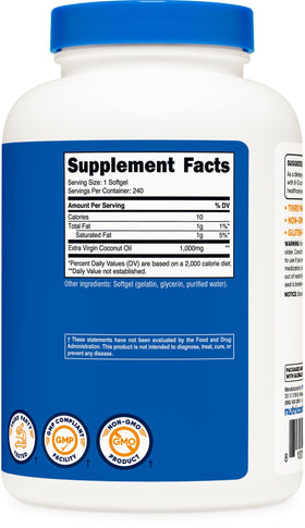 Nutricost Coconut Oil Softgels gluten-free non-gmo badge closeup communicates purity and safety