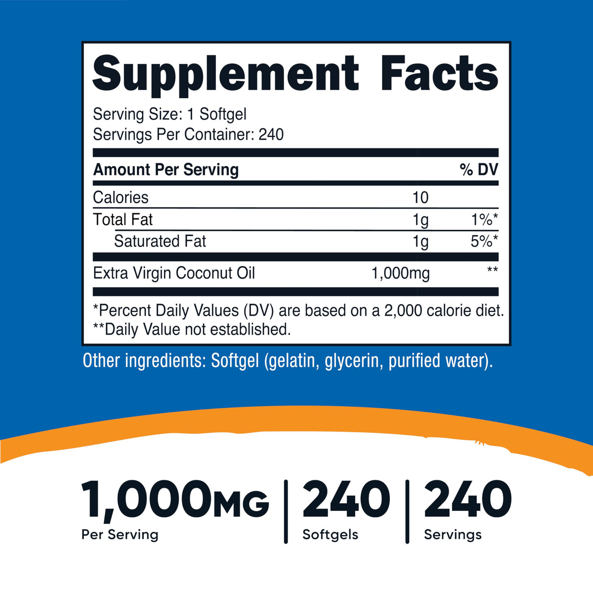Nutricost Coconut Oil Softgels label closeup highlights extra virgin oil for versatile use