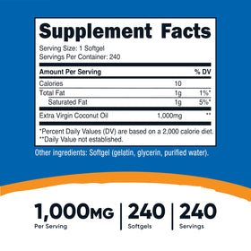 Nutricost Coconut Oil Softgels label closeup highlights extra virgin oil for versatile use