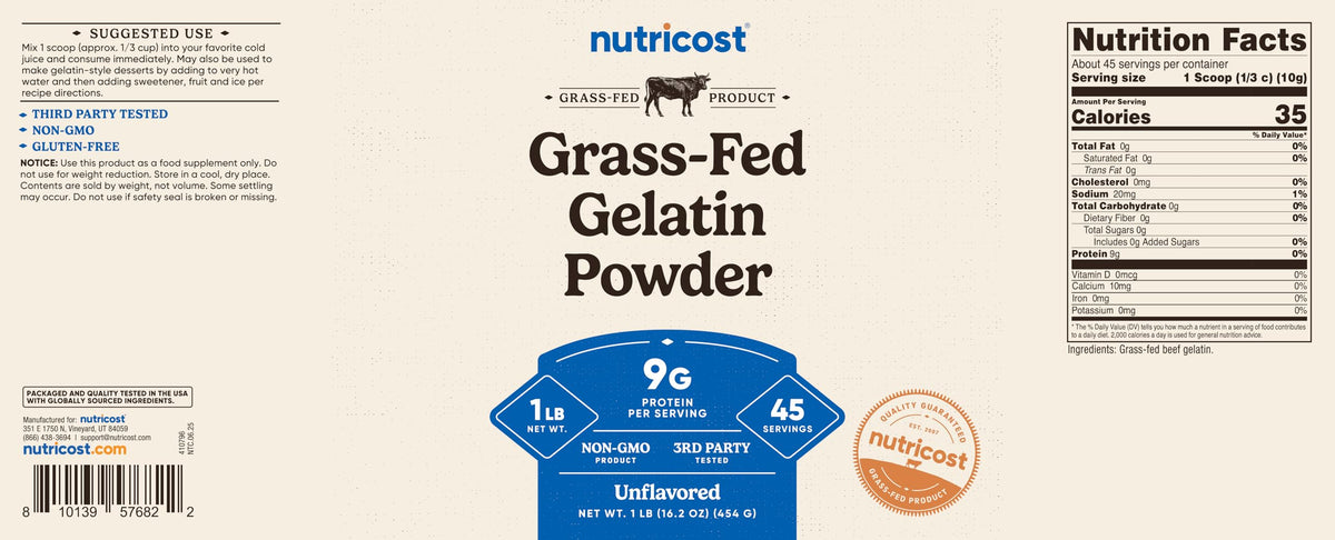 Nutricost gelatin container offers 45 servings for versatile use