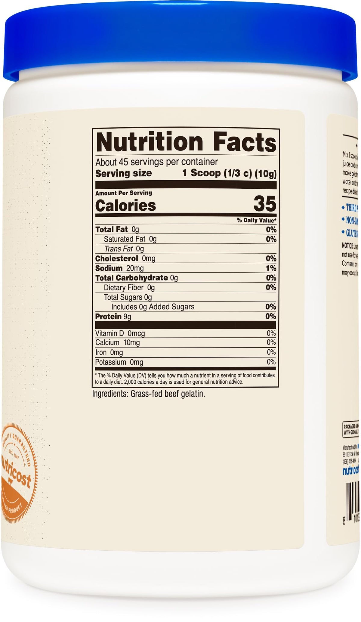 Nutricost label highlights GMO-free and gluten-free
