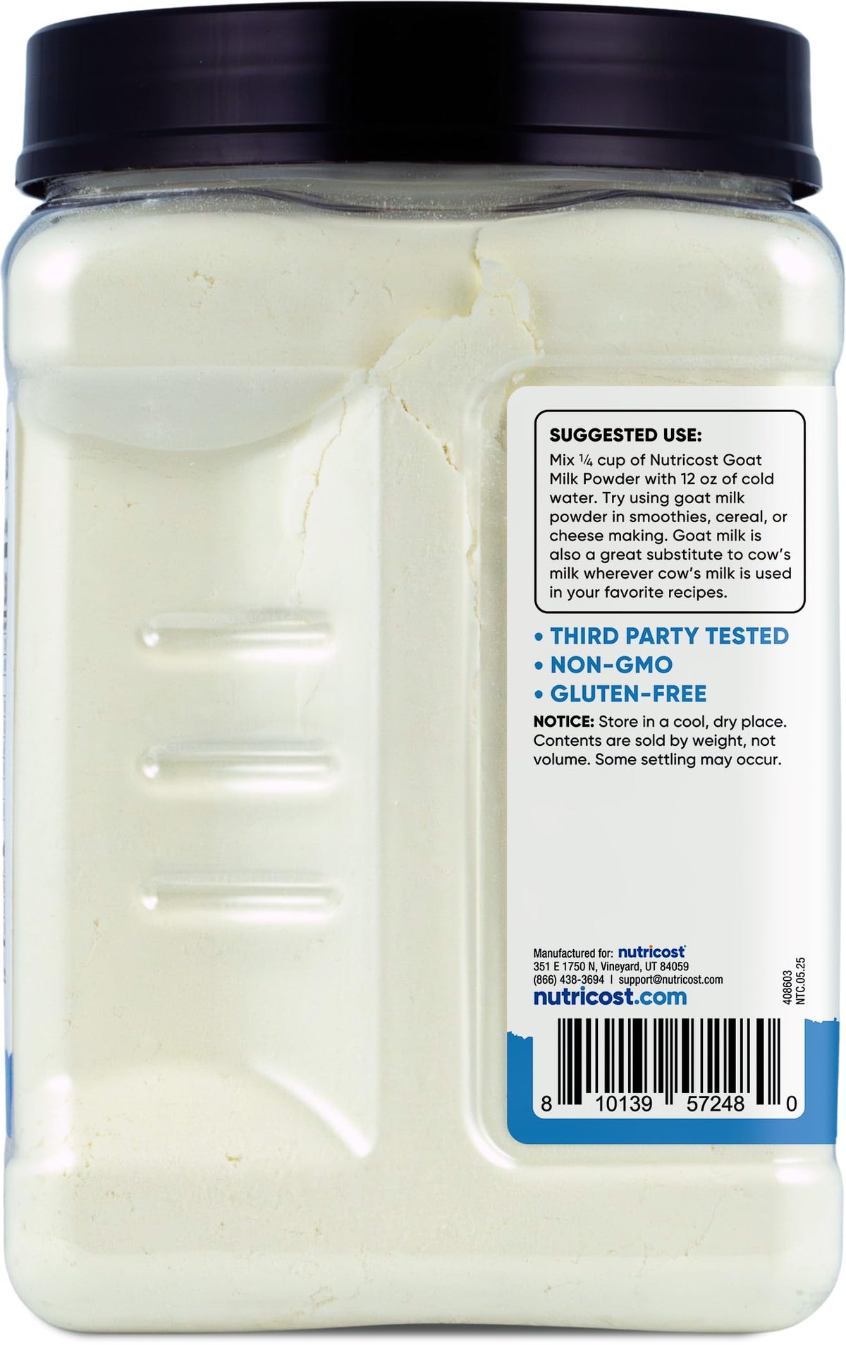 Nutricost Goat Milk Powder 2lb glass presents smooth, gluten-free drink options at home.