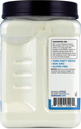 Nutricost Goat Milk Powder 2lb glass presents smooth, gluten-free drink options at home.