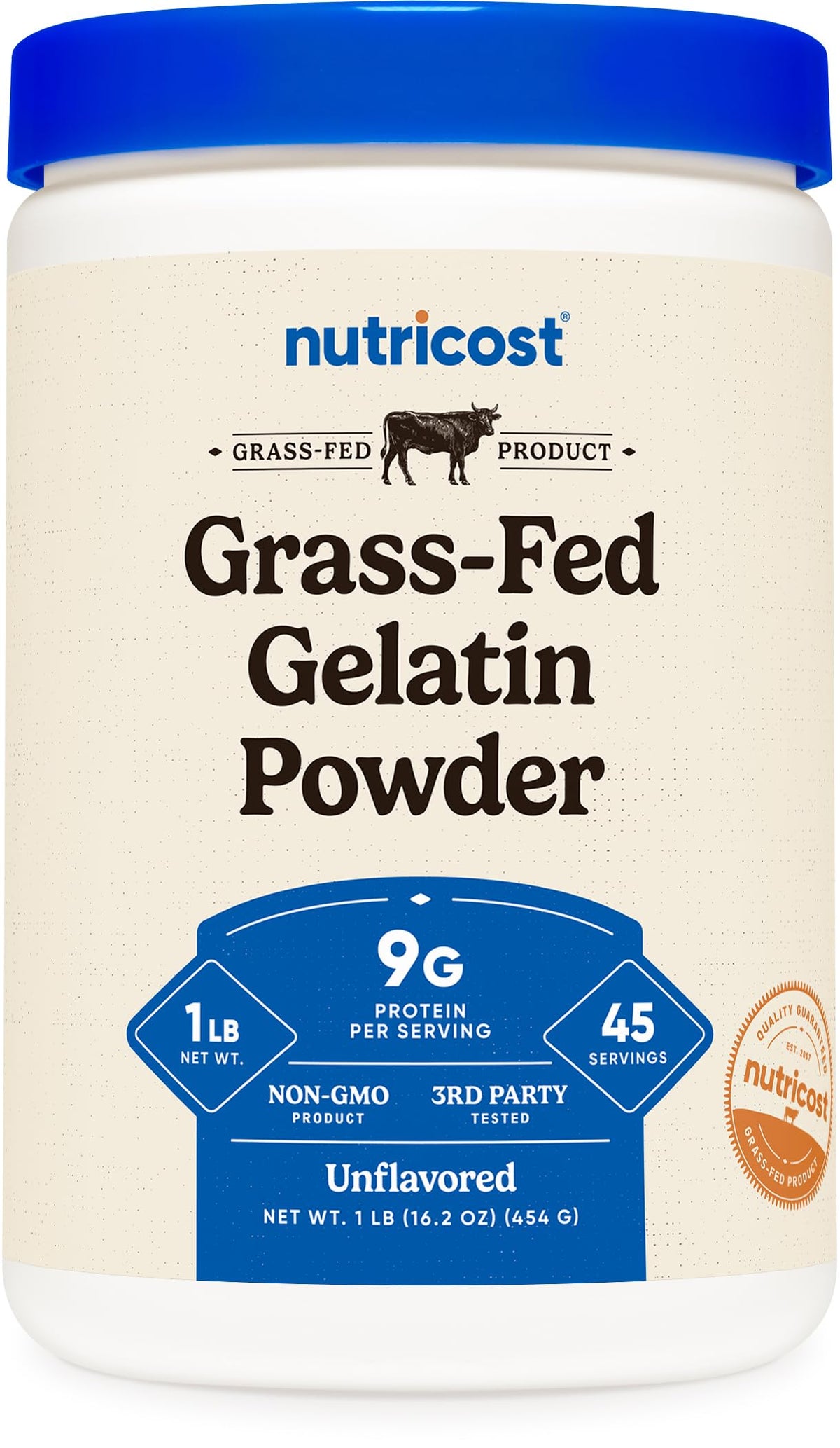 Nutricost grass-fed beef gelatin powder container shows 1 lb size and 9g protein per serving