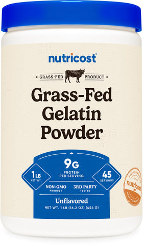 Nutricost grass-fed beef gelatin powder container shows 1 lb size and 9g protein per serving