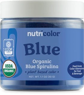 Nutricolor blue spirulina powder in a jar for natural color in foods