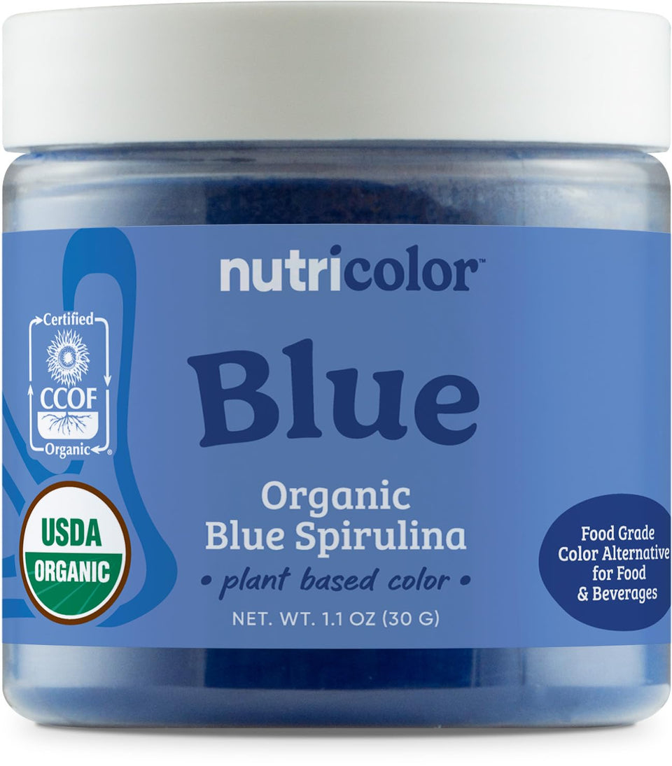 Nutricolor blue spirulina powder in a jar for natural color in foods