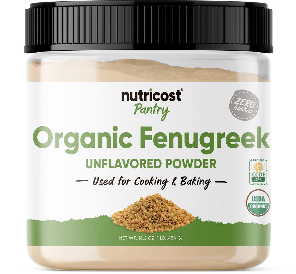 Nutricost Organic Fenugreek Powder bottle, convenient 1 lb jar for bulk daily use.