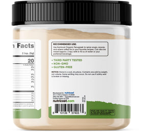 Nutricost fenugreek powder texture closeup, vibrant color hints quality ingredients.