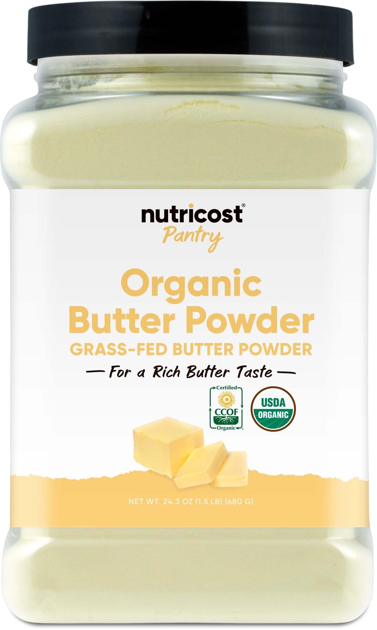 Nutricost Organic Grass-Fed Butter Powder jar close-up, creamy texture for baking.