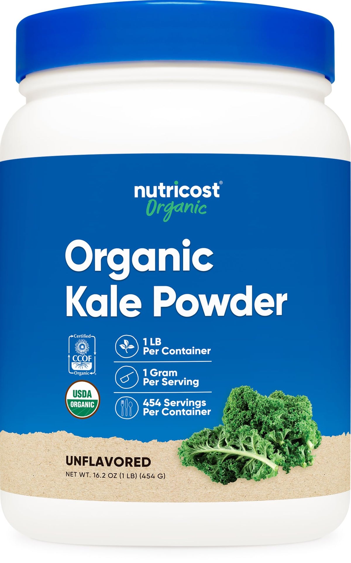 Nutricost Organic Kale Powder bottle with vibrant greens for smoothies.