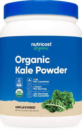 Nutricost Organic Kale Powder bottle with vibrant greens for smoothies.