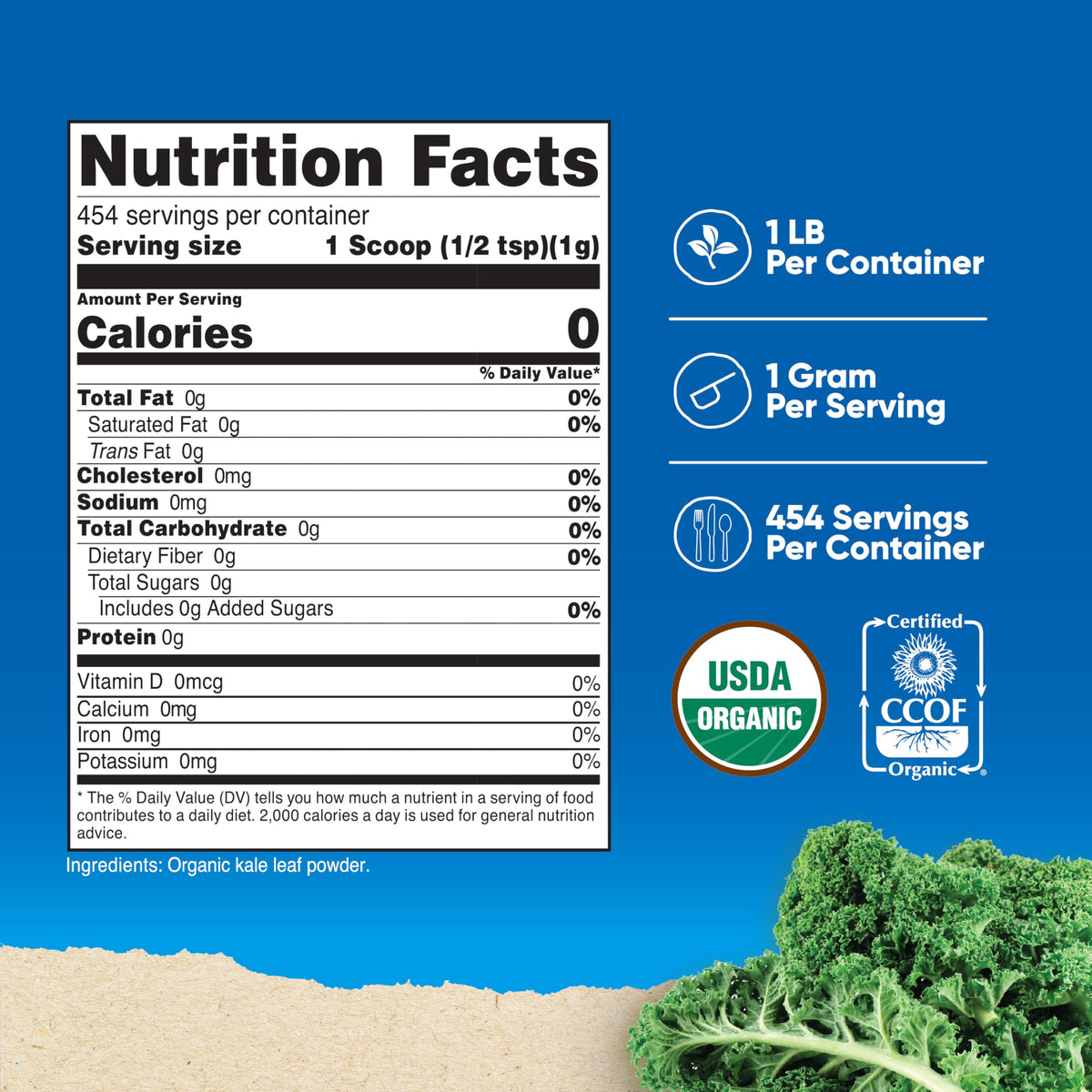 Nutricost kale powder scoop dispensing into a glass.