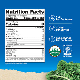 Nutricost kale powder scoop dispensing into a glass.