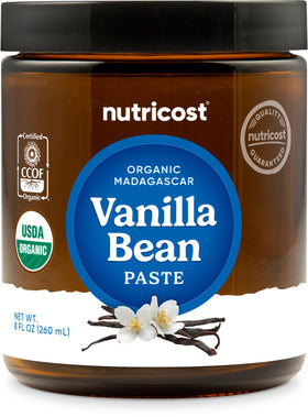 Nutricost Organic Madagascar Vanilla Bean Paste bottle for rich flavor in baking.